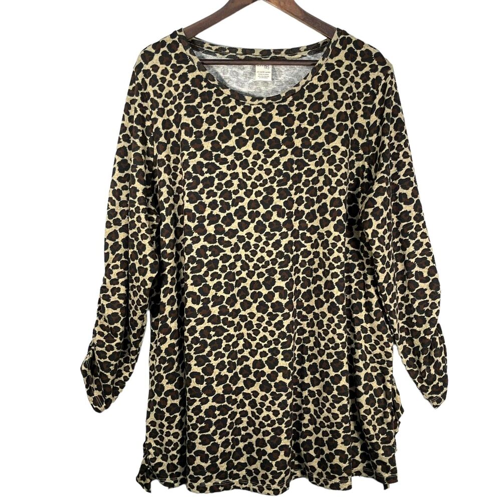 Terra & Sky Pullover Animal Print Tunic Top Women Size 2X Beige Brown Round Neck